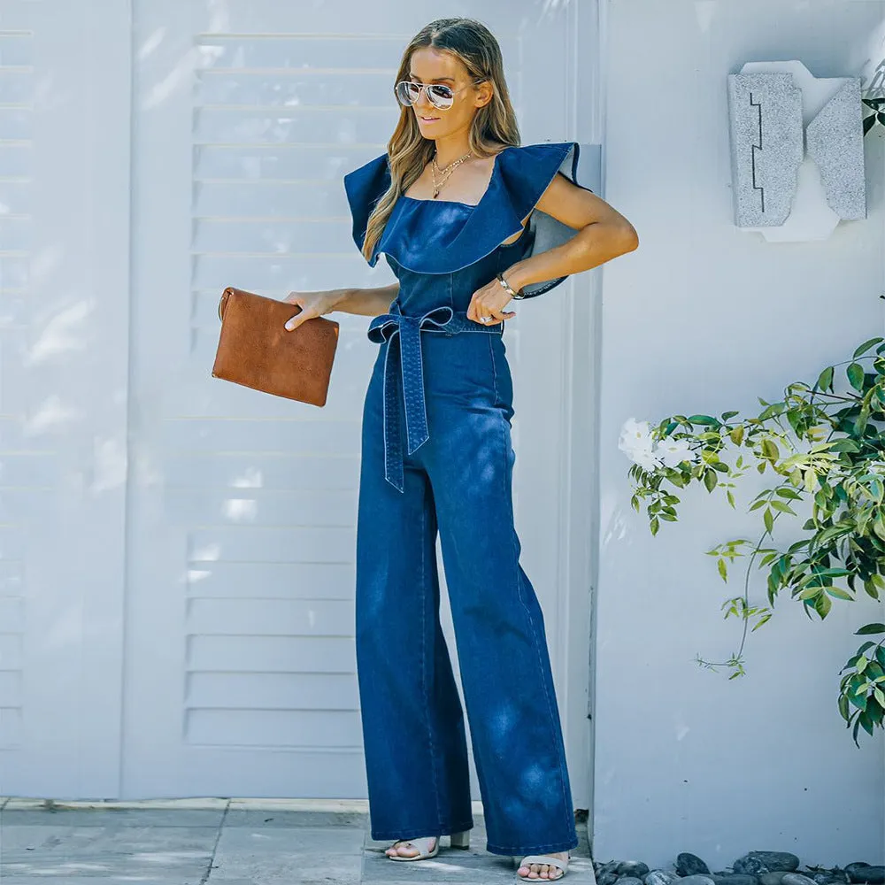 Tube Top One Shoulder Wide-leg Ruffles Denim Jumpsuit