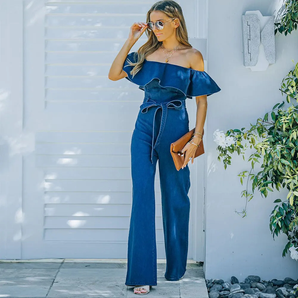 Tube Top One Shoulder Wide-leg Ruffles Denim Jumpsuit