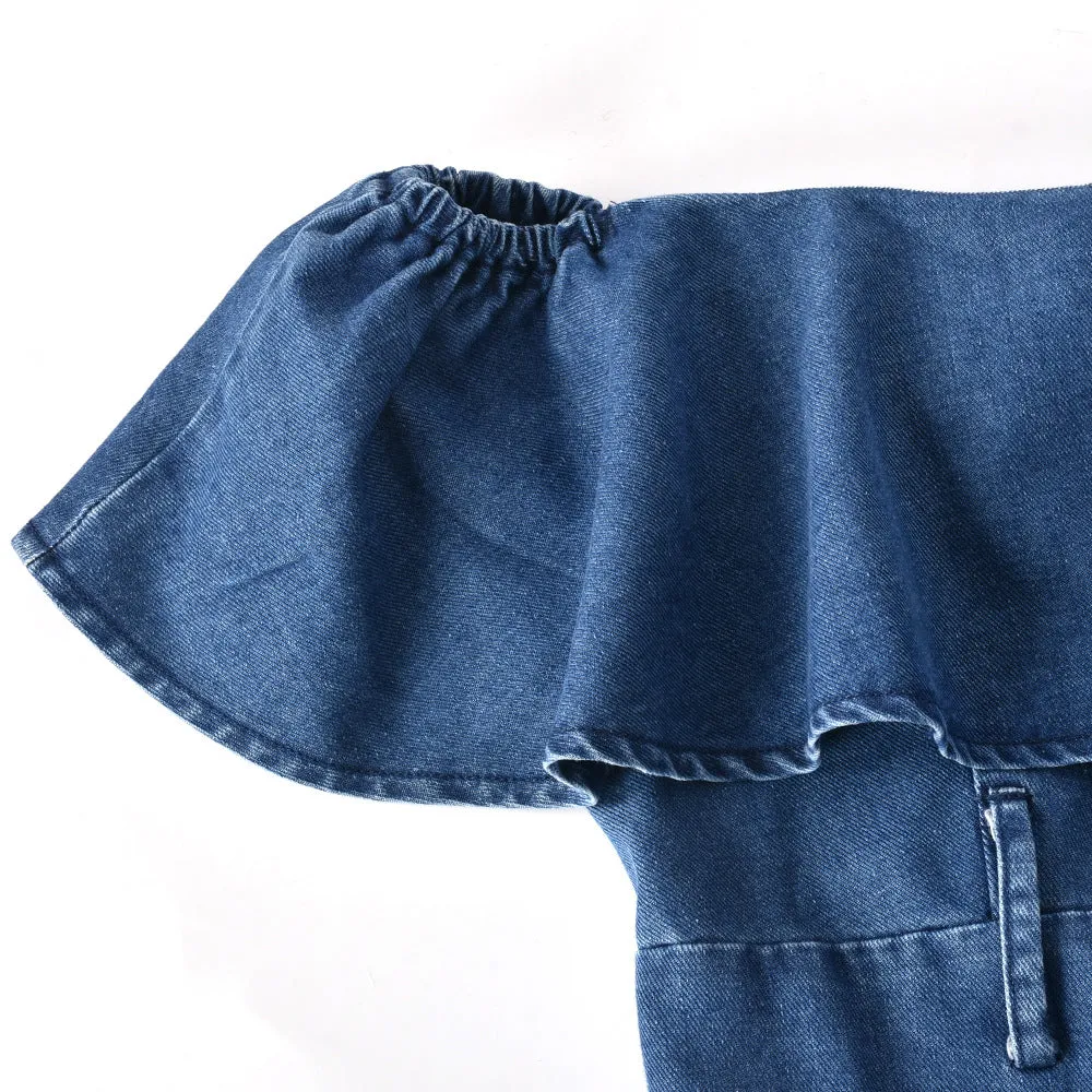 Tube Top One Shoulder Wide-leg Ruffles Denim Jumpsuit