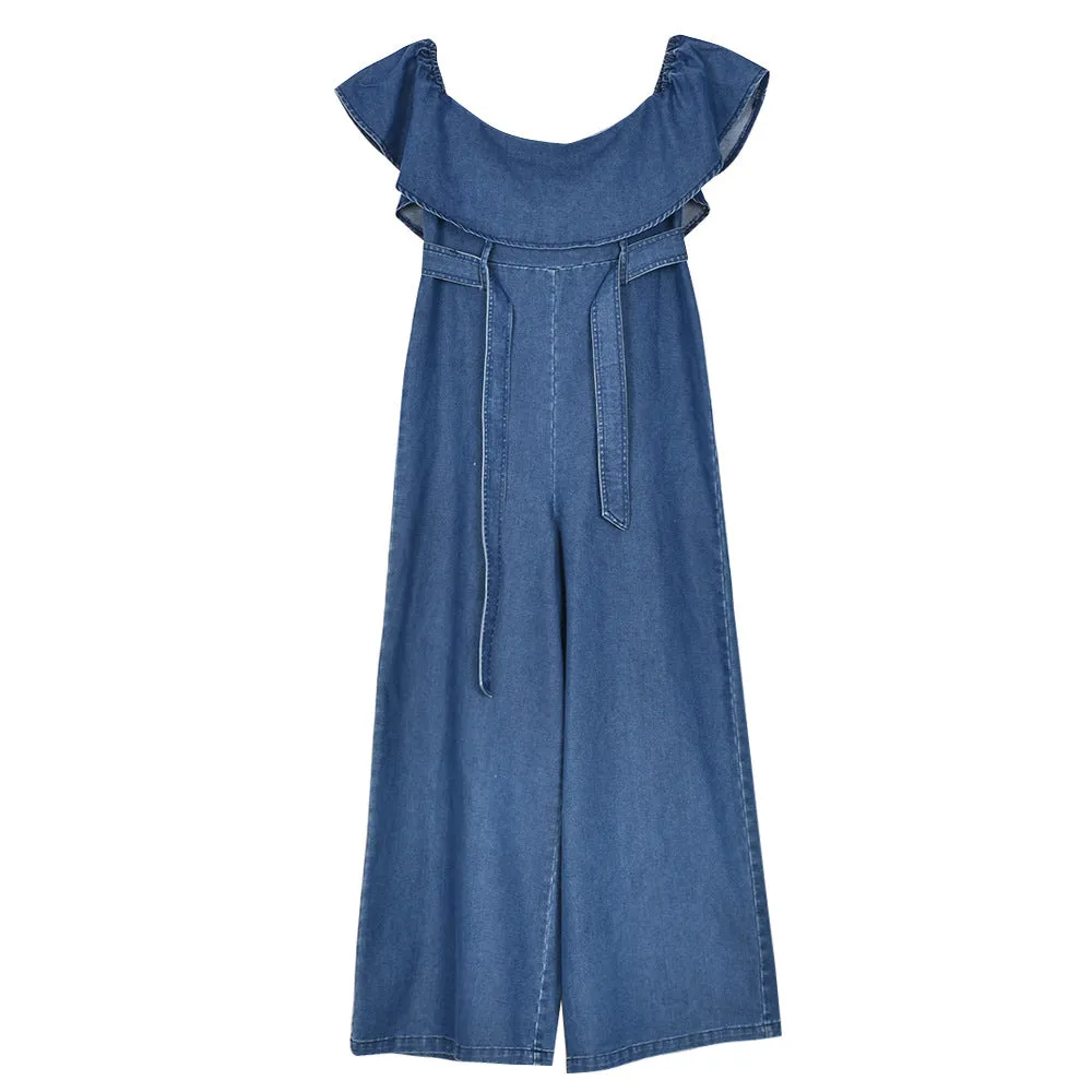 Tube Top One Shoulder Wide-leg Ruffles Denim Jumpsuit