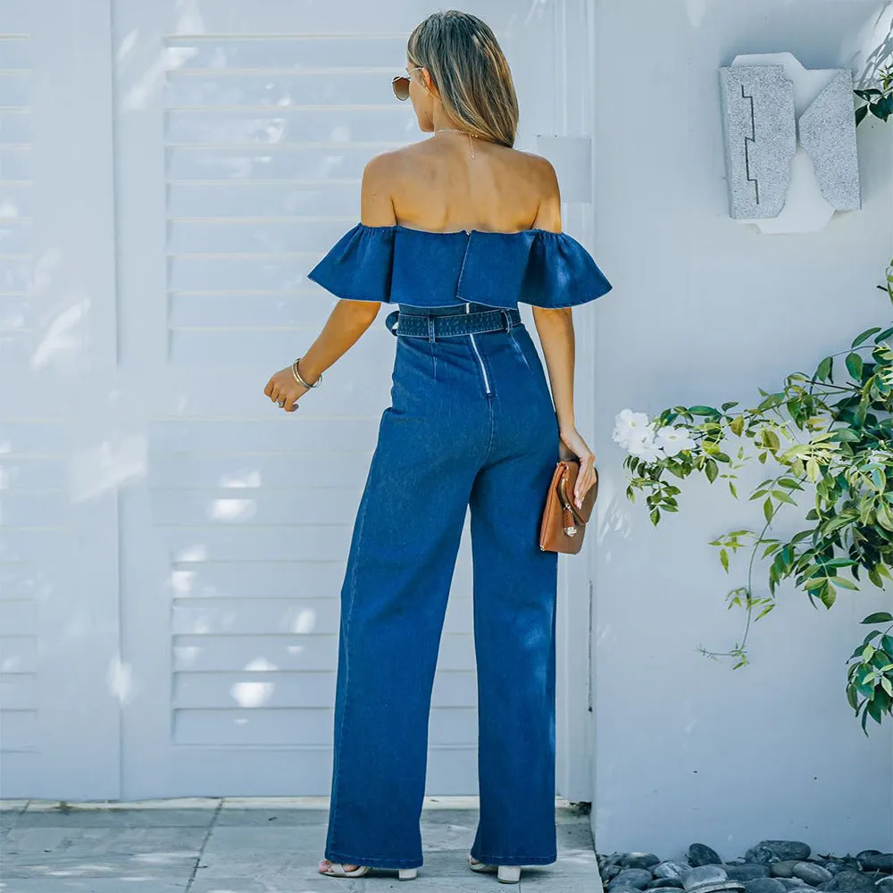 Tube Top One Shoulder Wide-leg Ruffles Denim Jumpsuit