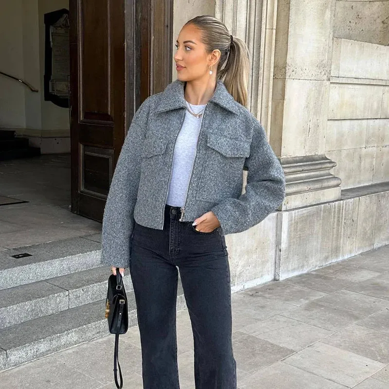 Tweed Cropped Zip-Up Jacket – Women’s Streetwear for Autumn/Winter