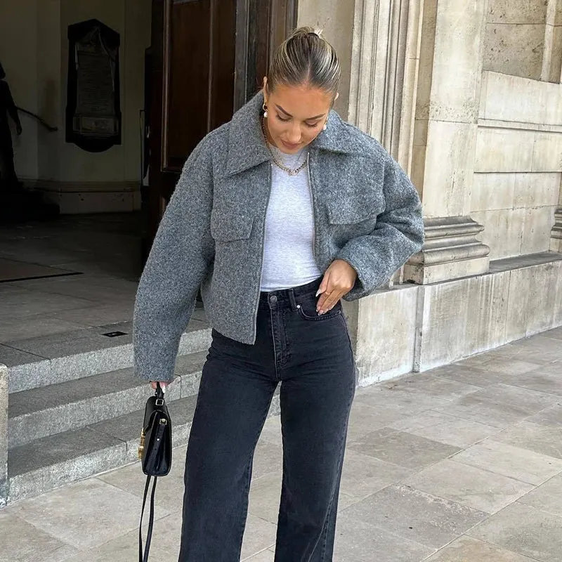 Tweed Cropped Zip-Up Jacket – Women’s Streetwear for Autumn/Winter