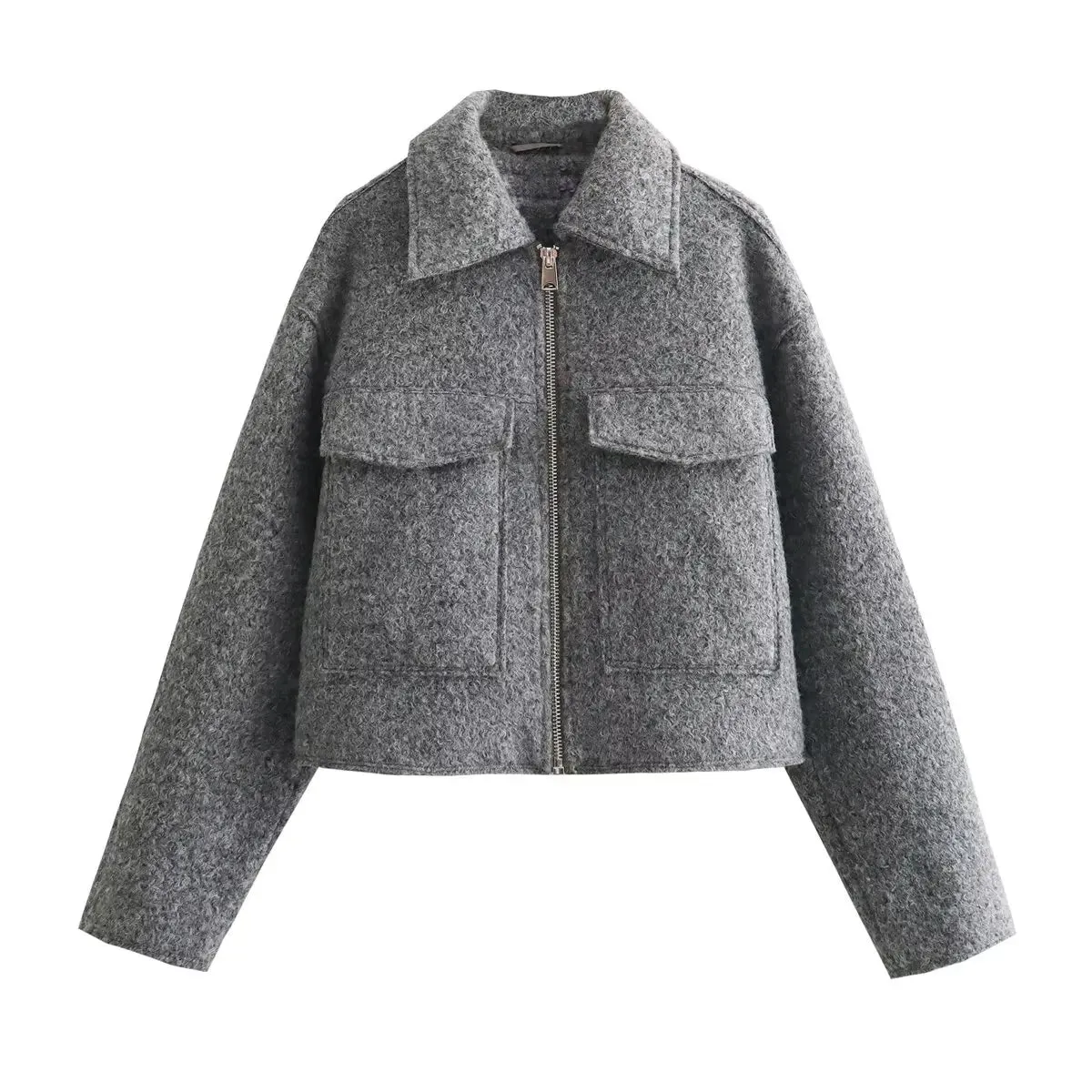 Tweed Cropped Zip-Up Jacket – Women’s Streetwear for Autumn/Winter