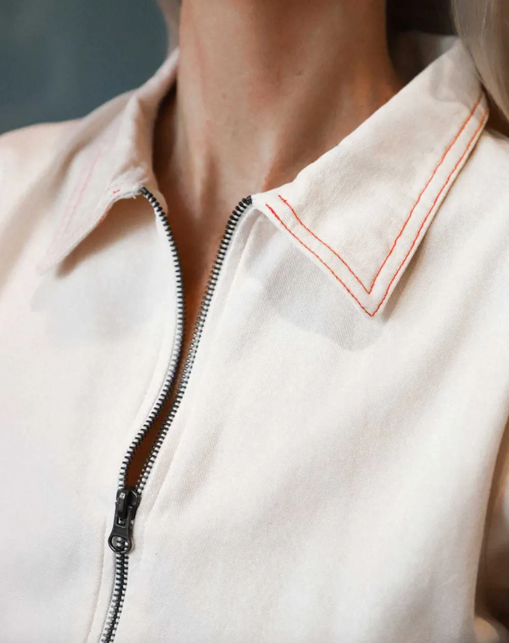 Utility Dress in Oat Milk with Paprika Stitching
