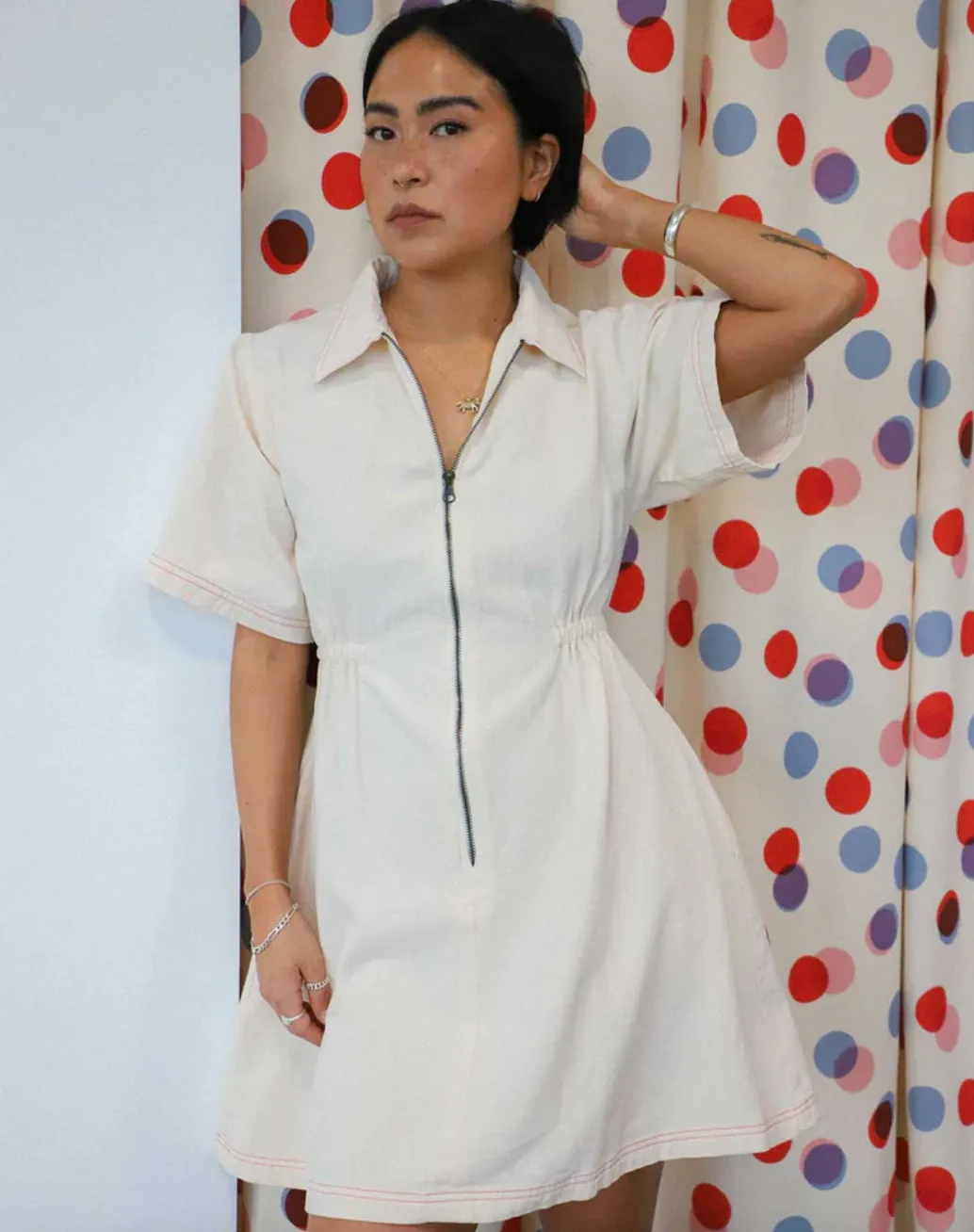 Utility Dress in Oat Milk with Paprika Stitching