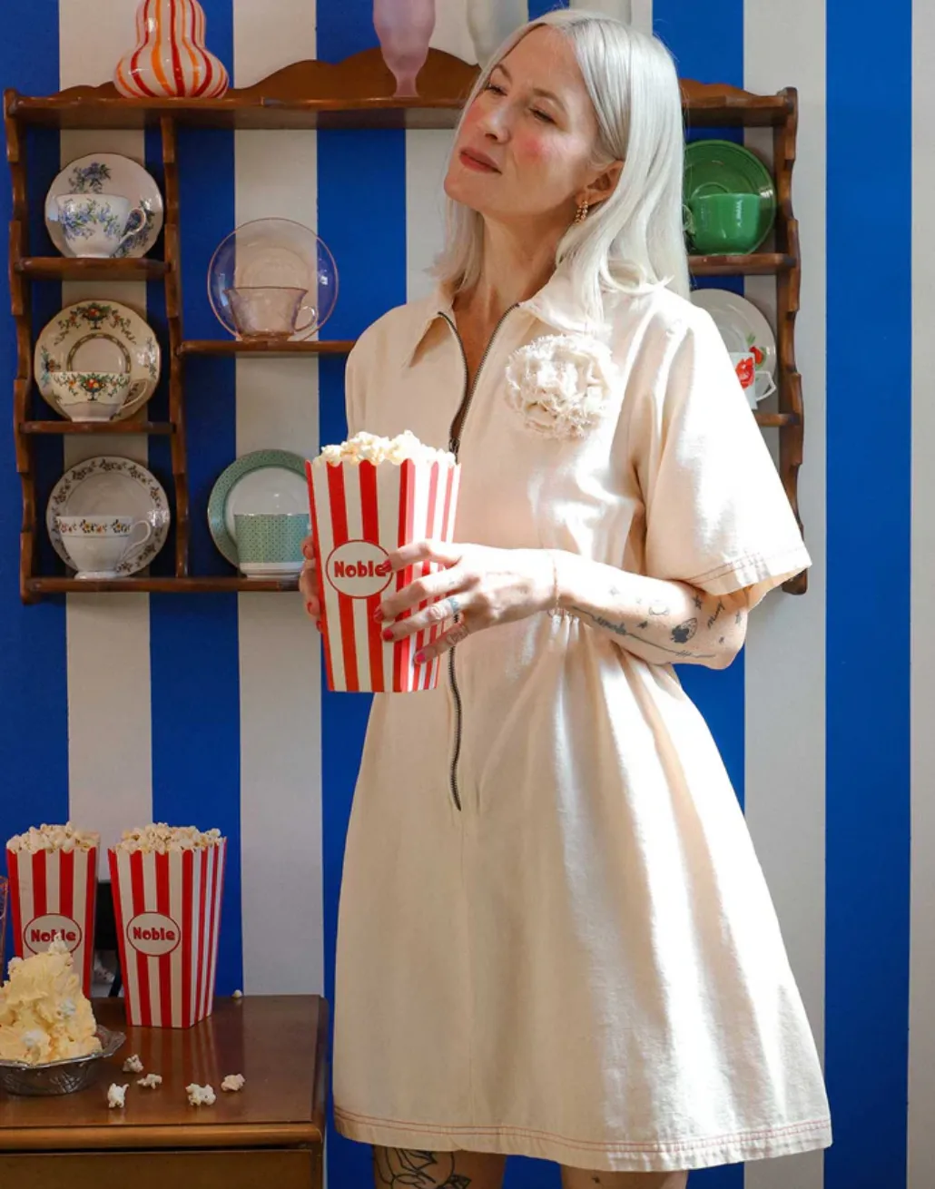 Utility Dress in Oat Milk with Paprika Stitching
