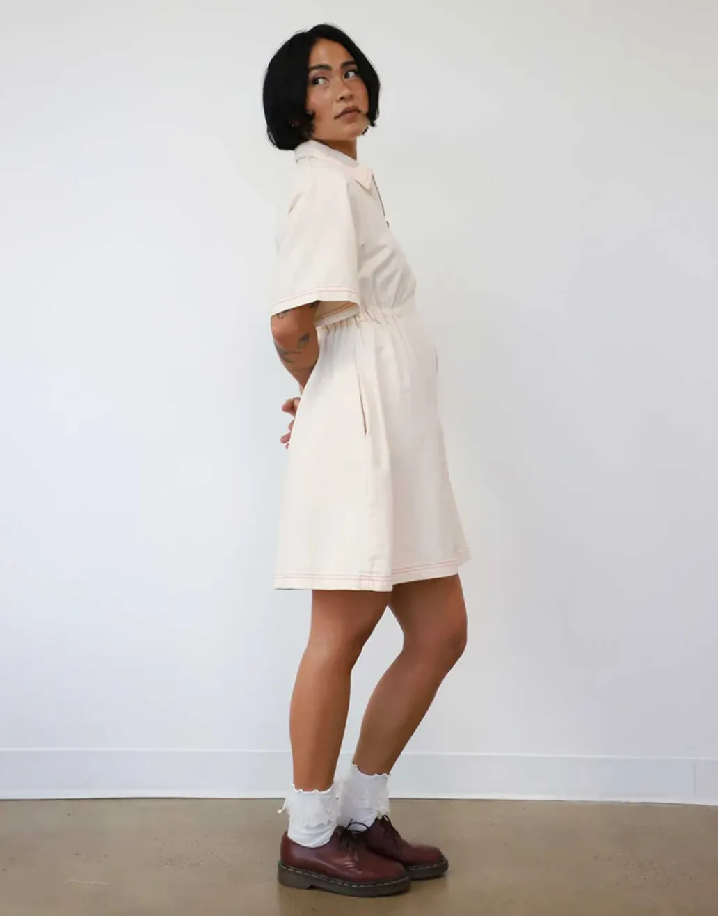 Utility Dress in Oat Milk with Paprika Stitching
