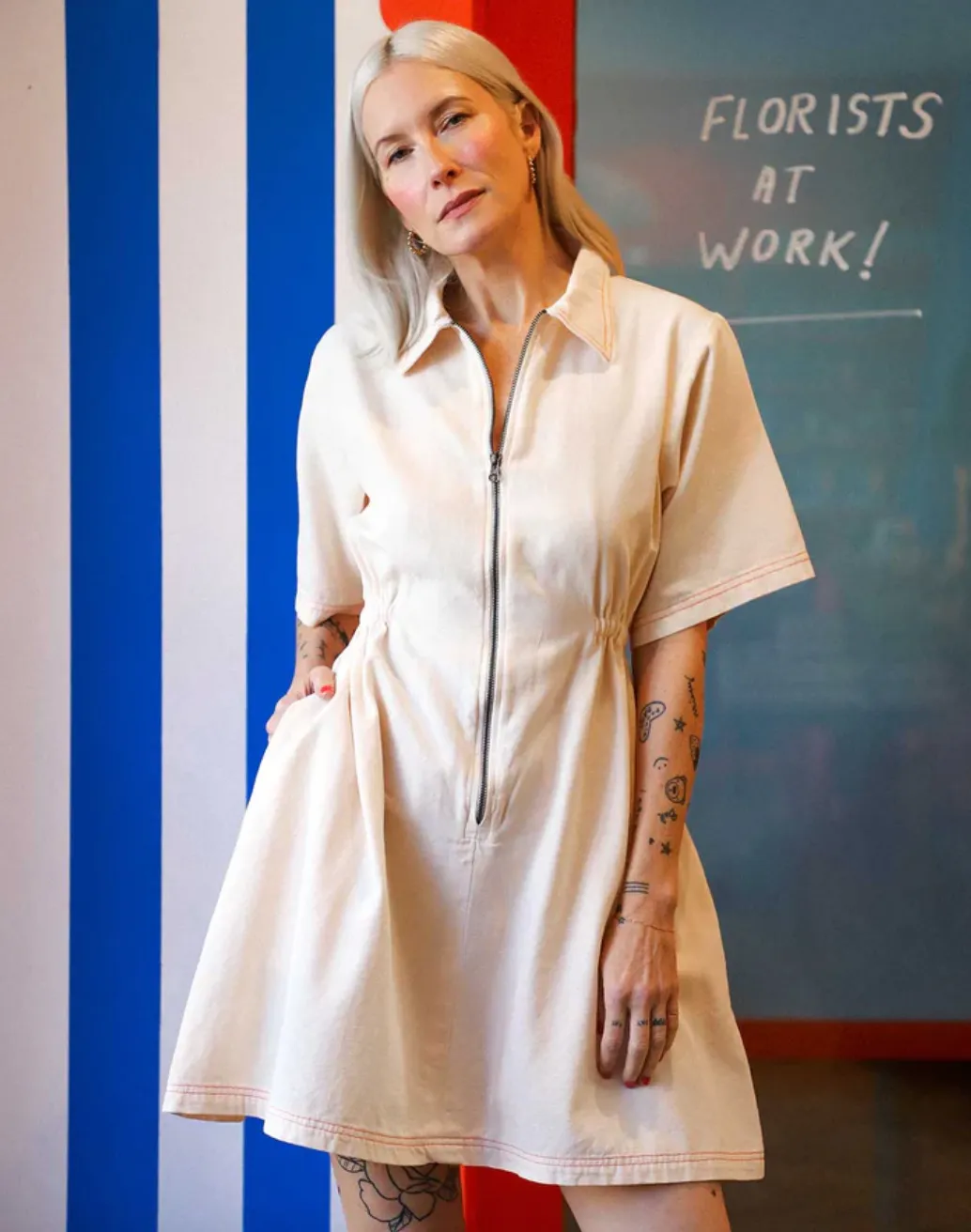 Utility Dress in Oat Milk with Paprika Stitching