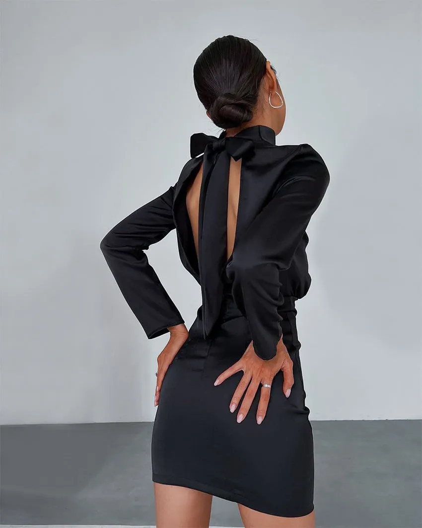 V-neck High Collar Satin Bodycon Mini Dresses