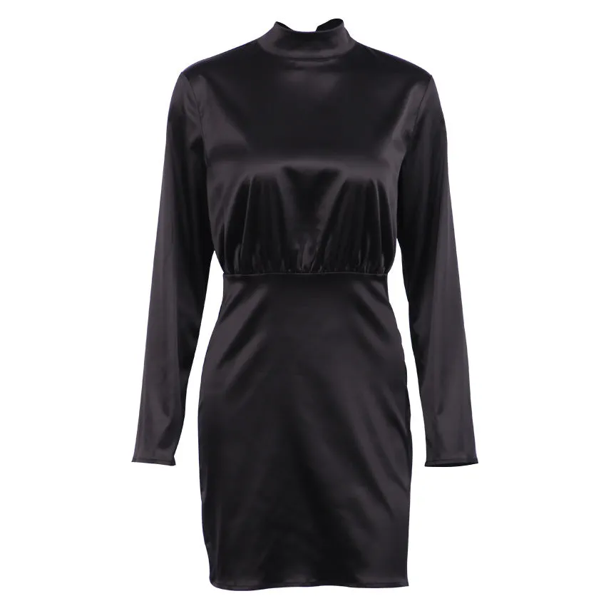 V-neck High Collar Satin Bodycon Mini Dresses