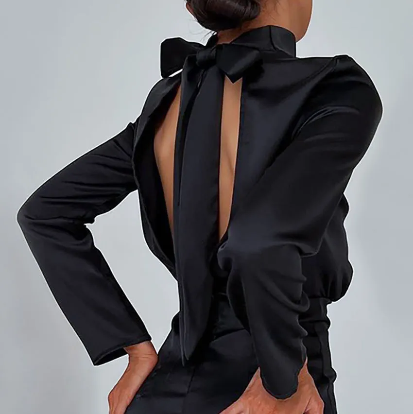V-neck High Collar Satin Bodycon Mini Dresses