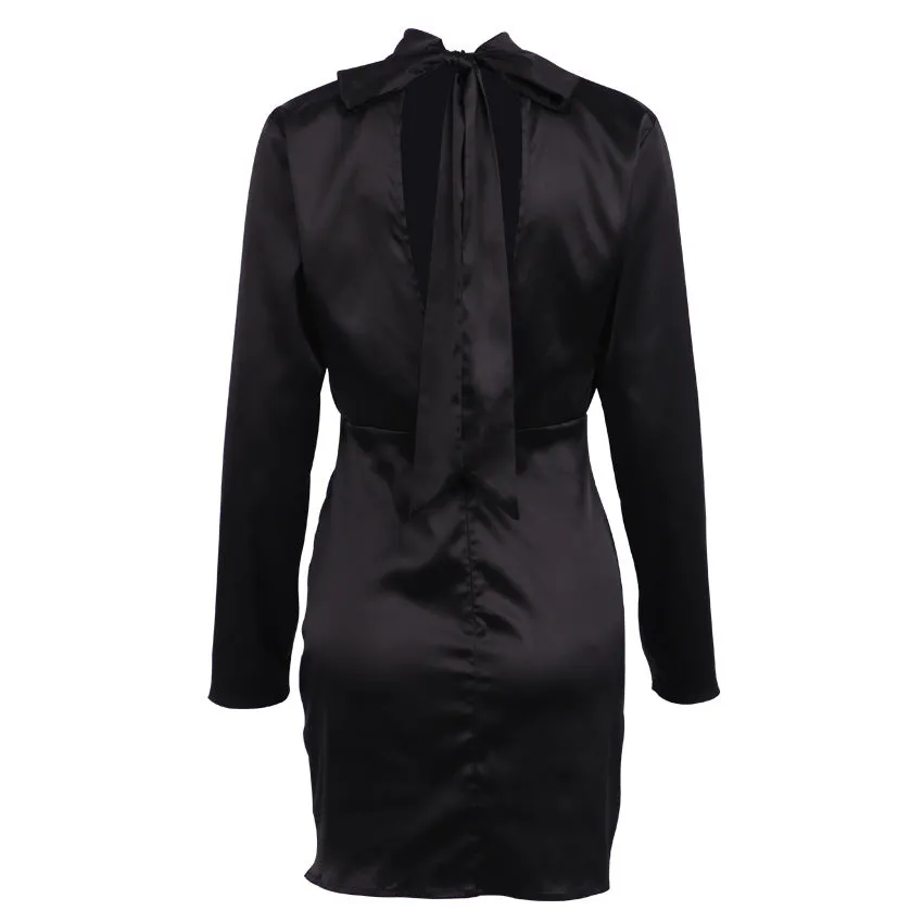 V-neck High Collar Satin Bodycon Mini Dresses