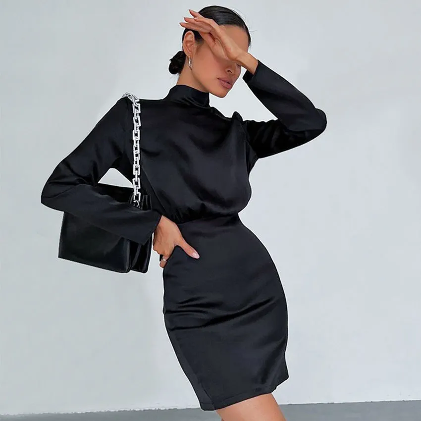 V-neck High Collar Satin Bodycon Mini Dresses