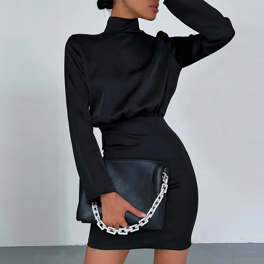 V-neck High Collar Satin Bodycon Mini Dresses