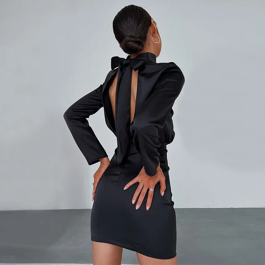 V-neck High Collar Satin Bodycon Mini Dresses
