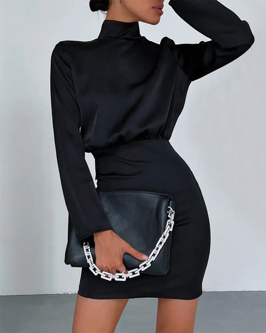 V-neck High Collar Satin Bodycon Mini Dresses