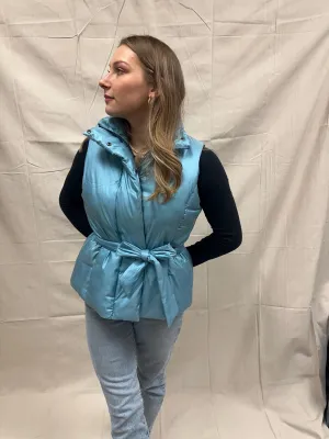 Vintage Merona Baby Blue Shimmer Puffer Vest Fitted Tie Waist High Neck Outerwear | Size Large