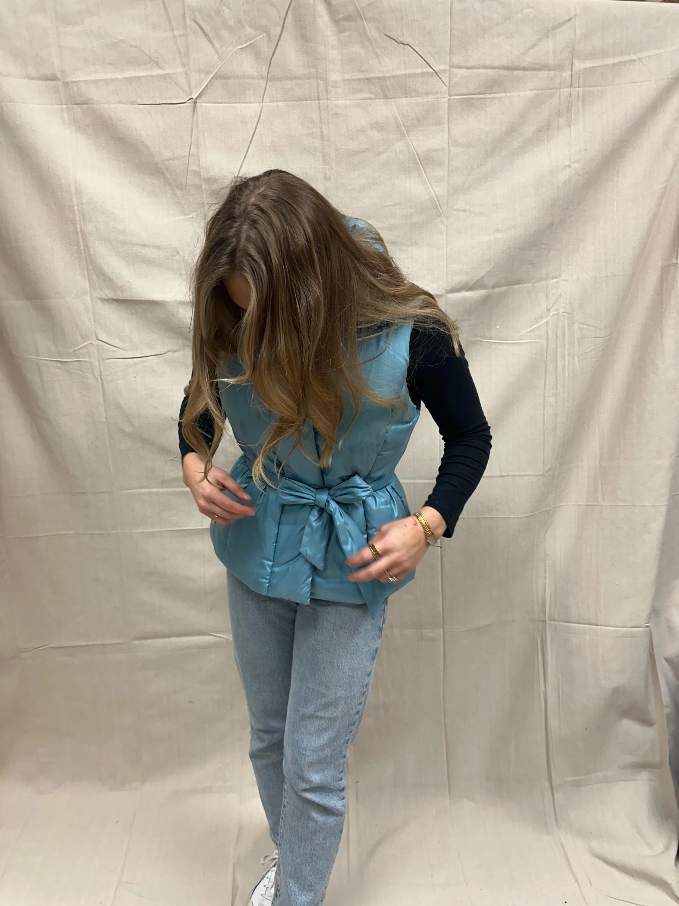 Vintage Merona Baby Blue Shimmer Puffer Vest Fitted Tie Waist High Neck Outerwear | Size Large