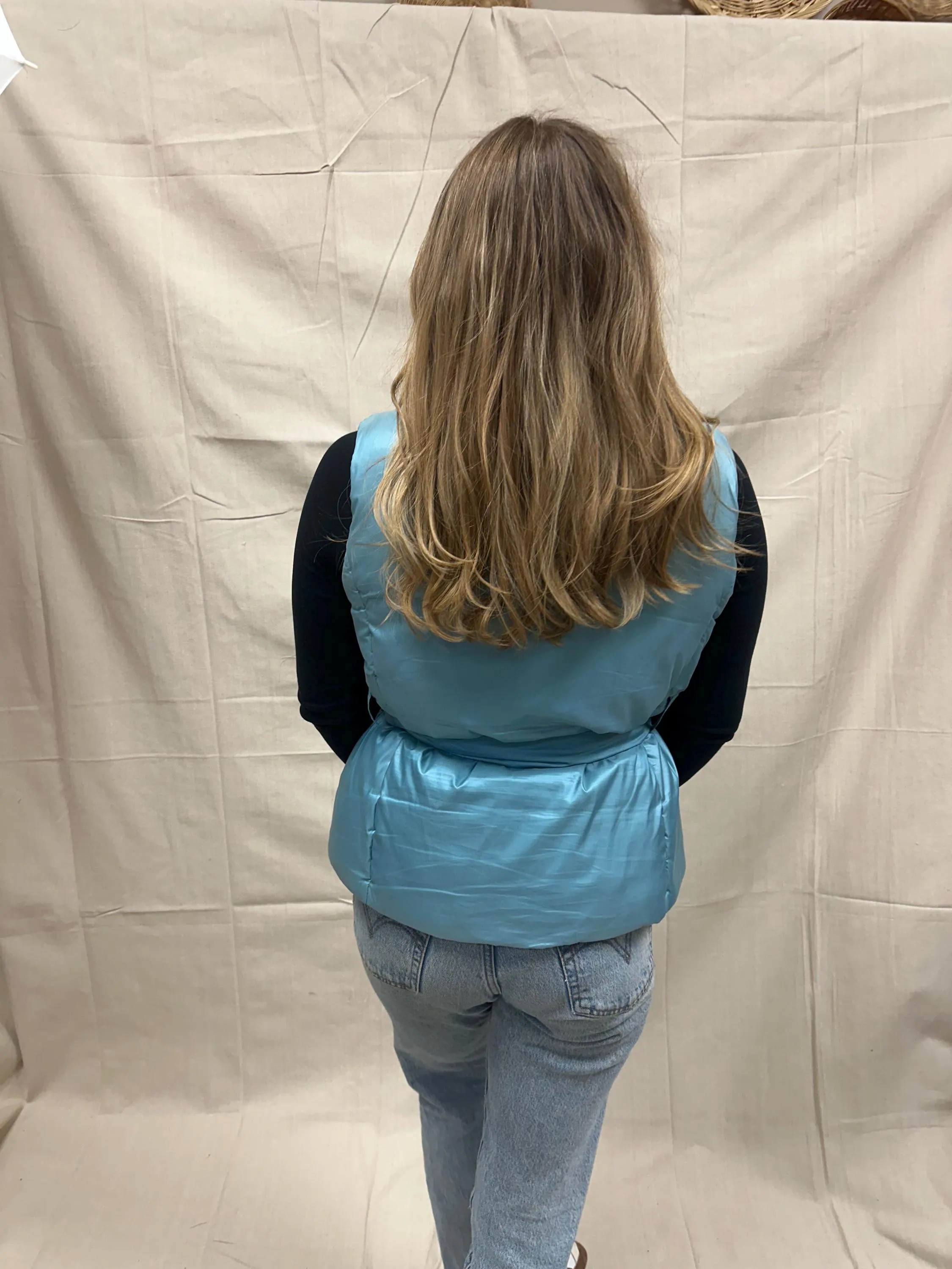 Vintage Merona Baby Blue Shimmer Puffer Vest Fitted Tie Waist High Neck Outerwear | Size Large