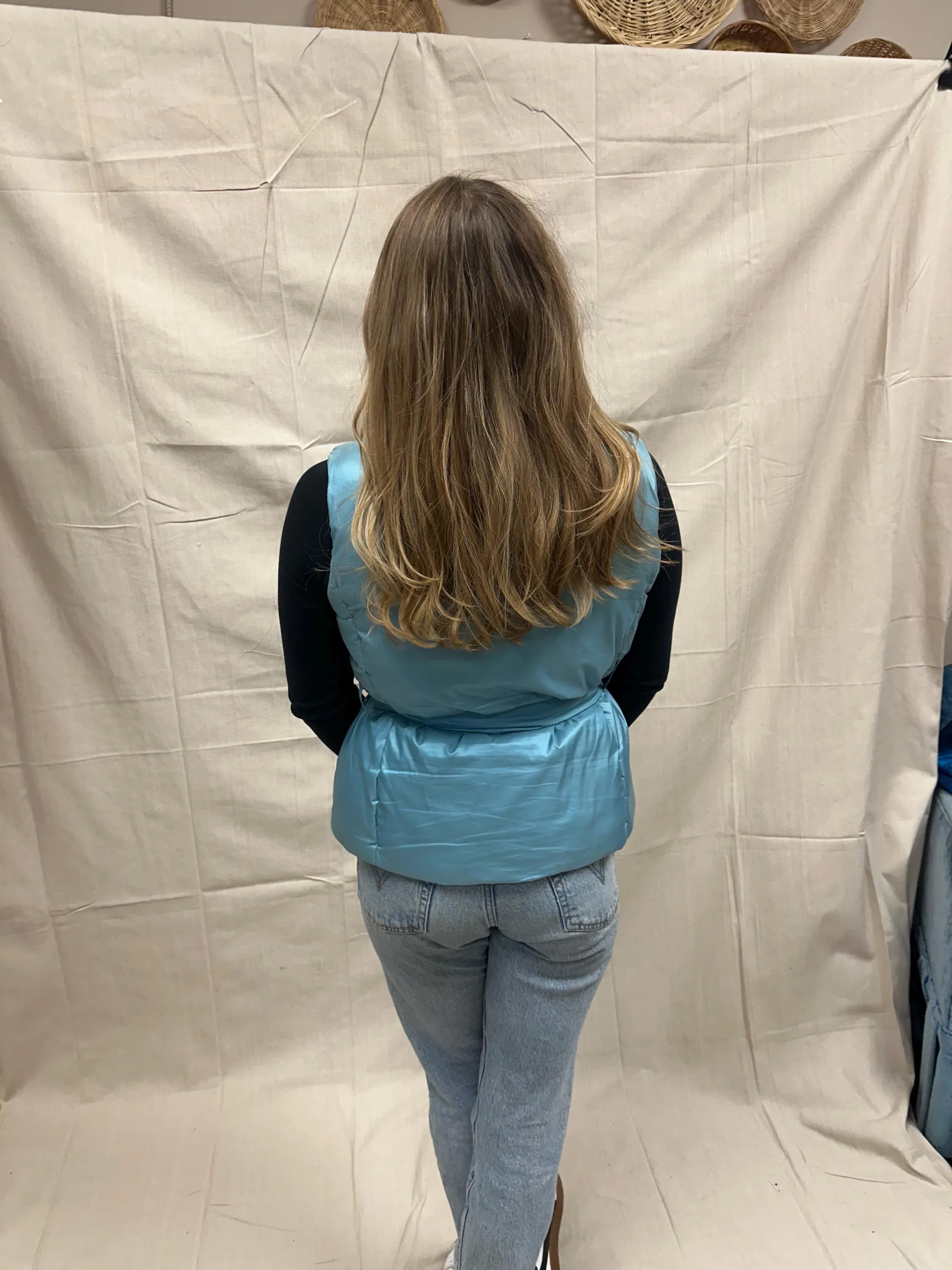 Vintage Merona Baby Blue Shimmer Puffer Vest Fitted Tie Waist High Neck Outerwear | Size Large