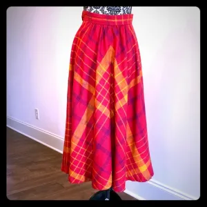 VTG 80s linen like slubbed silk/poly plaid bias midi skirt Liz Claiborne size 6