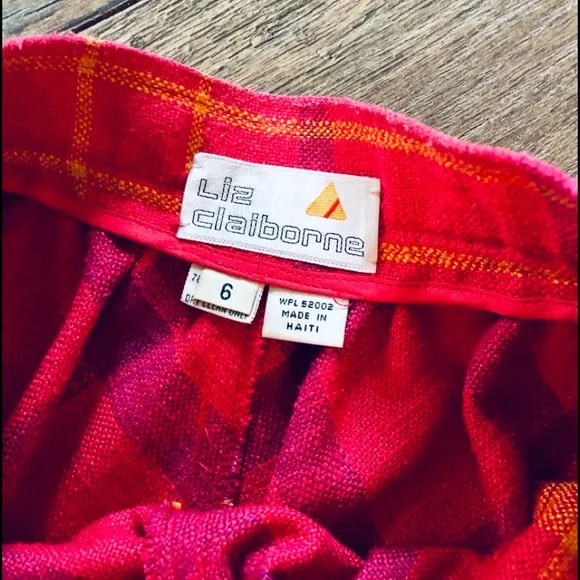 VTG 80s linen like slubbed silk/poly plaid bias midi skirt Liz Claiborne size 6