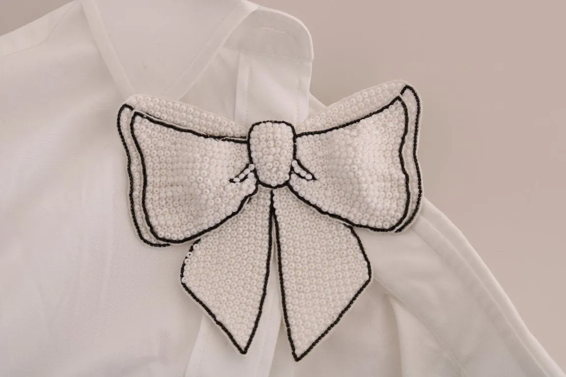 White Beaded Bow Cotton Shirt Dress