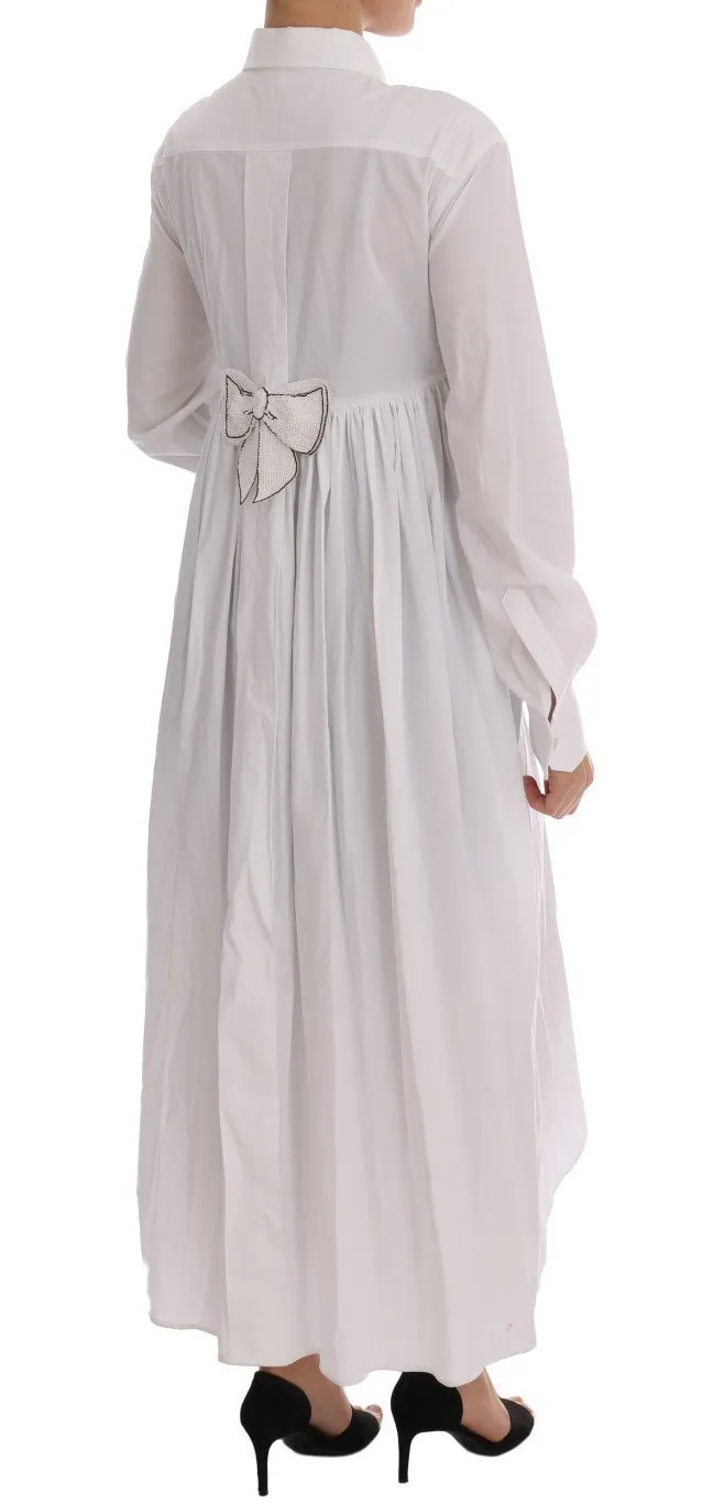 White Beaded Bow Cotton Shirt Dress