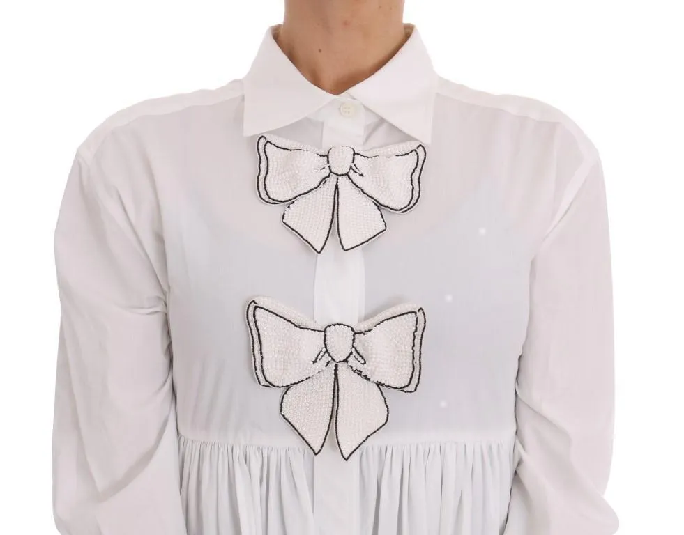 White Beaded Bow Cotton Shirt Dress
