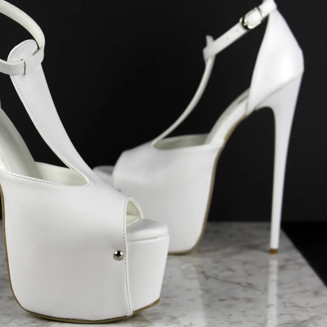 White Matte T - Strap High Heels