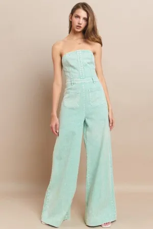 WIDE LEG MINERAL ACID WASH TUBE TOP DENIM JUMPSUIT