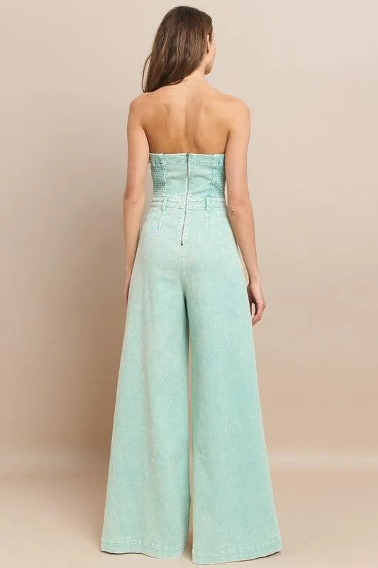 WIDE LEG MINERAL ACID WASH TUBE TOP DENIM JUMPSUIT