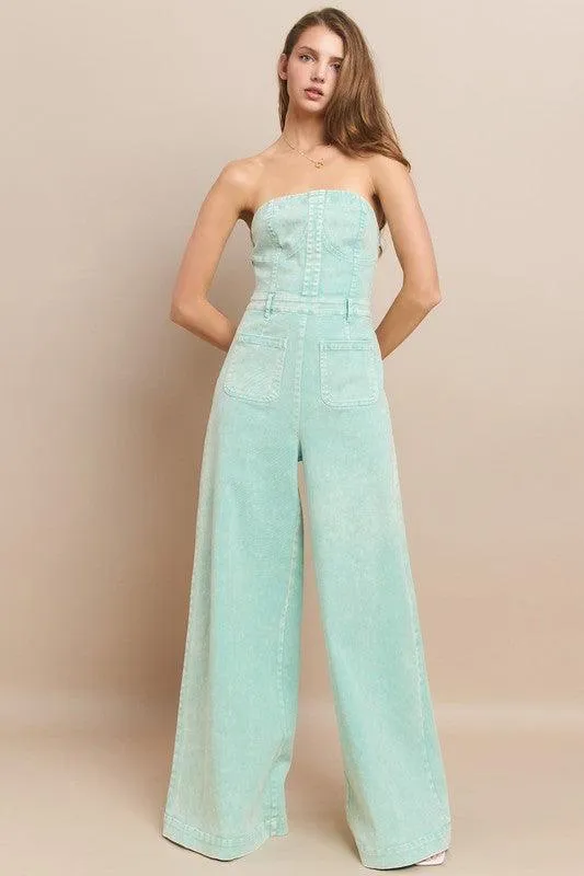 WIDE LEG MINERAL ACID WASH TUBE TOP DENIM JUMPSUIT