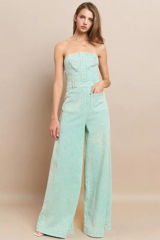 WIDE LEG MINERAL ACID WASH TUBE TOP DENIM JUMPSUIT