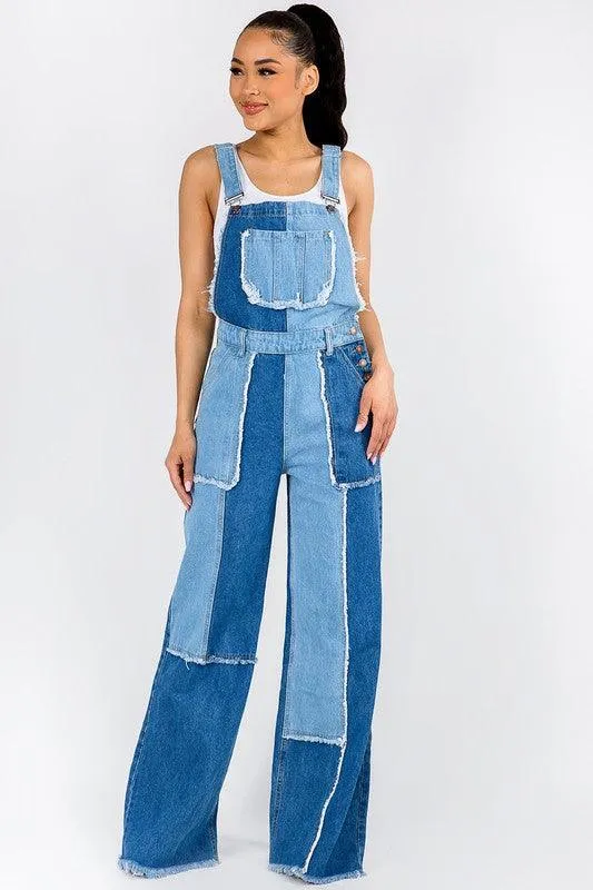 WIDE LEG PATCHWORK DENIM OVERALLS