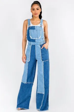WIDE LEG PATCHWORK DENIM OVERALLS