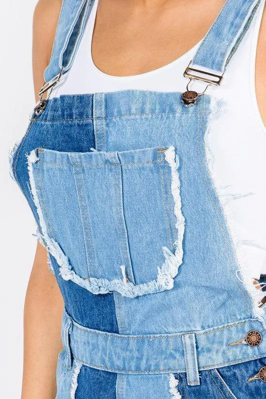 WIDE LEG PATCHWORK DENIM OVERALLS