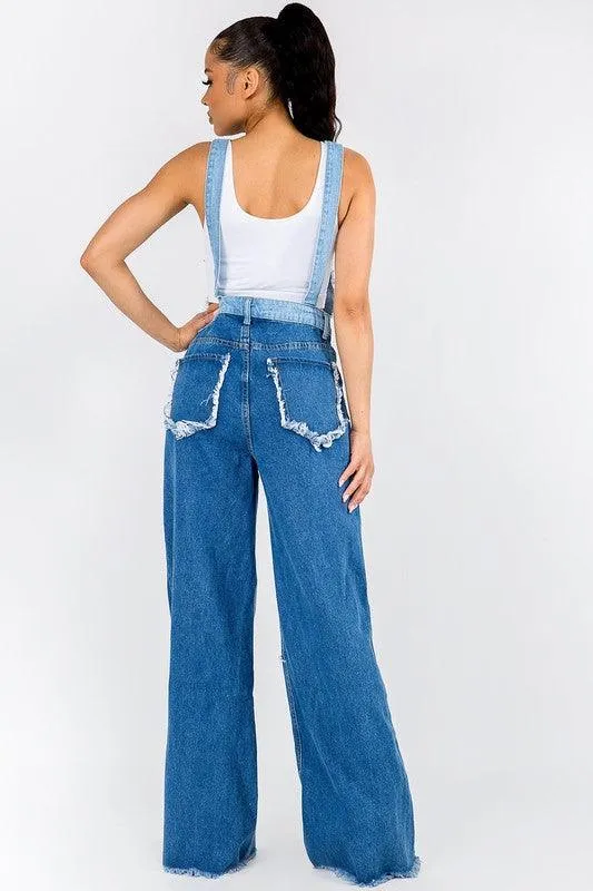 WIDE LEG PATCHWORK DENIM OVERALLS