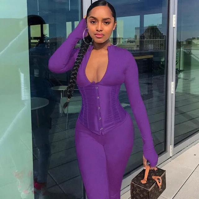 Women Jumpsuit corset 2 pieces set Solid Color Bodycon Long Romper Women Jumpsuit Bodysuit