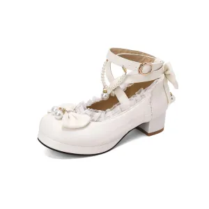 Women Lace Pearls Bow Tie Ankle Strap Chunky Heel Pumps