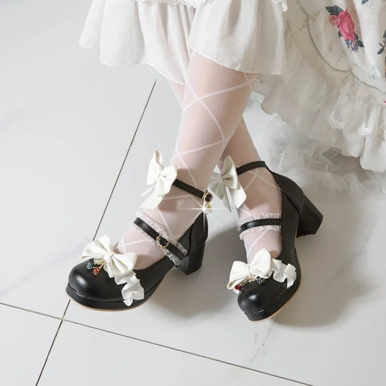 Women Lolita Bow Tie Shallow Ankle Strap Chunky Heel Pumps