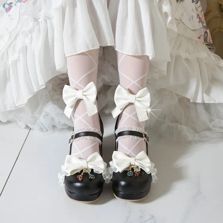 Women Lolita Bow Tie Shallow Ankle Strap Chunky Heel Pumps