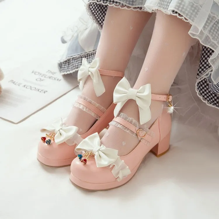 Women Lolita Bow Tie Shallow Ankle Strap Chunky Heel Pumps