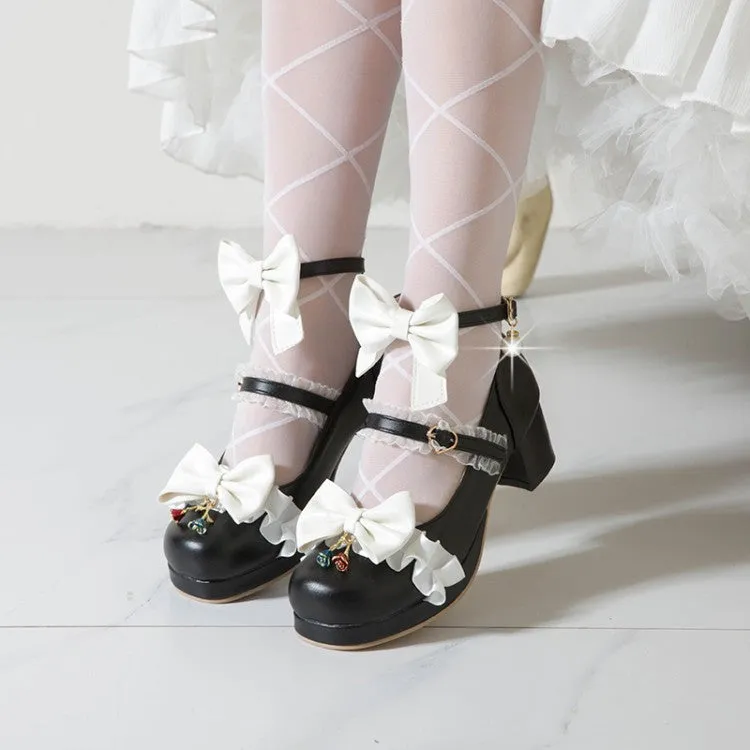 Women Lolita Bow Tie Shallow Ankle Strap Chunky Heel Pumps