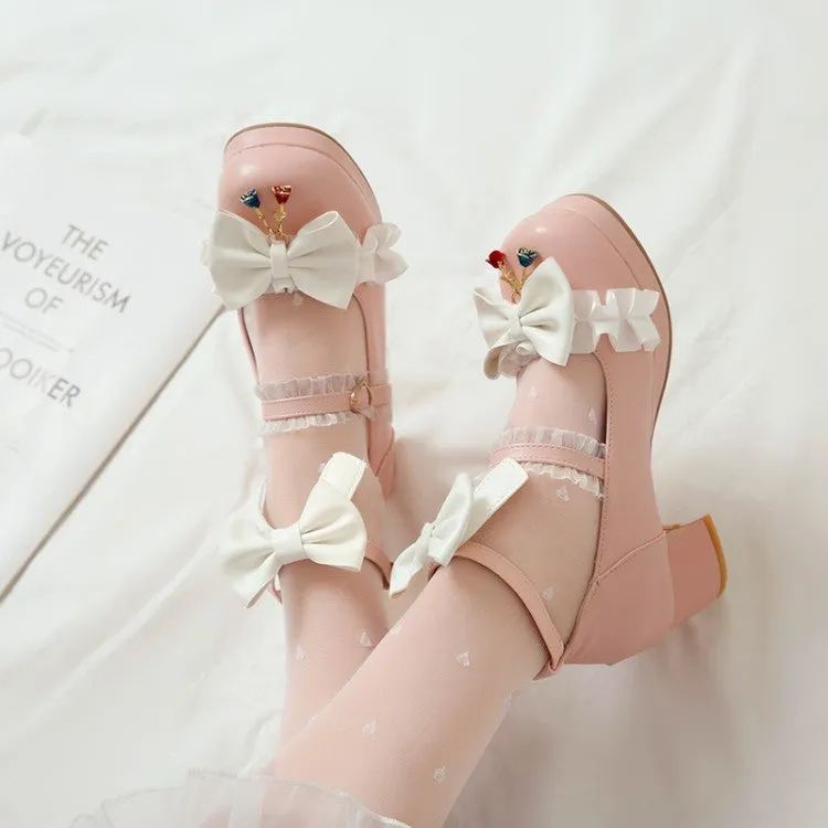 Women Lolita Bow Tie Shallow Ankle Strap Chunky Heel Pumps