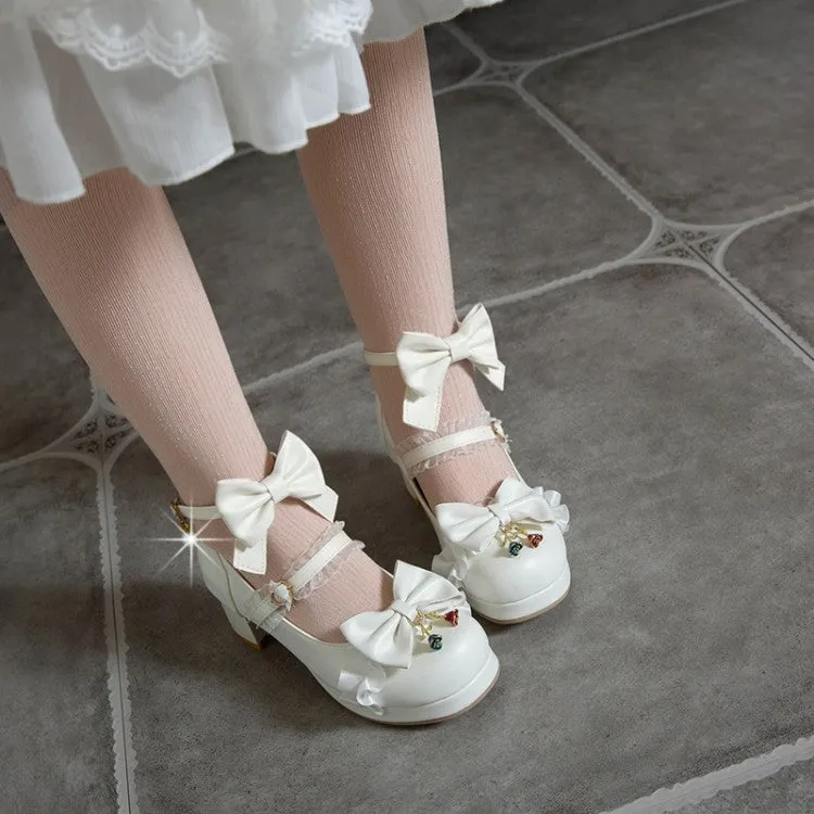 Women Lolita Bow Tie Shallow Ankle Strap Chunky Heel Pumps