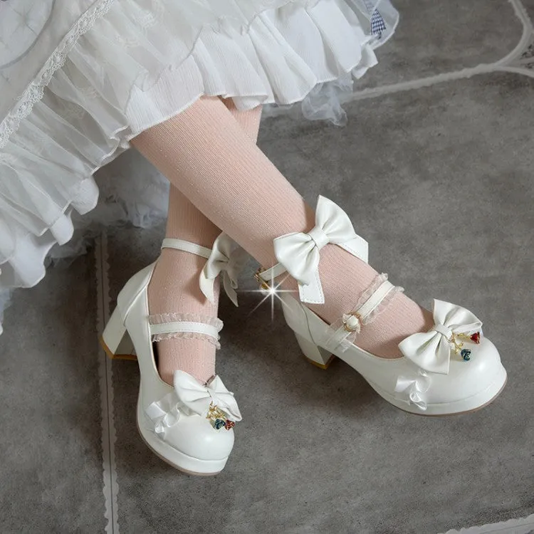 Women Lolita Bow Tie Shallow Ankle Strap Chunky Heel Pumps