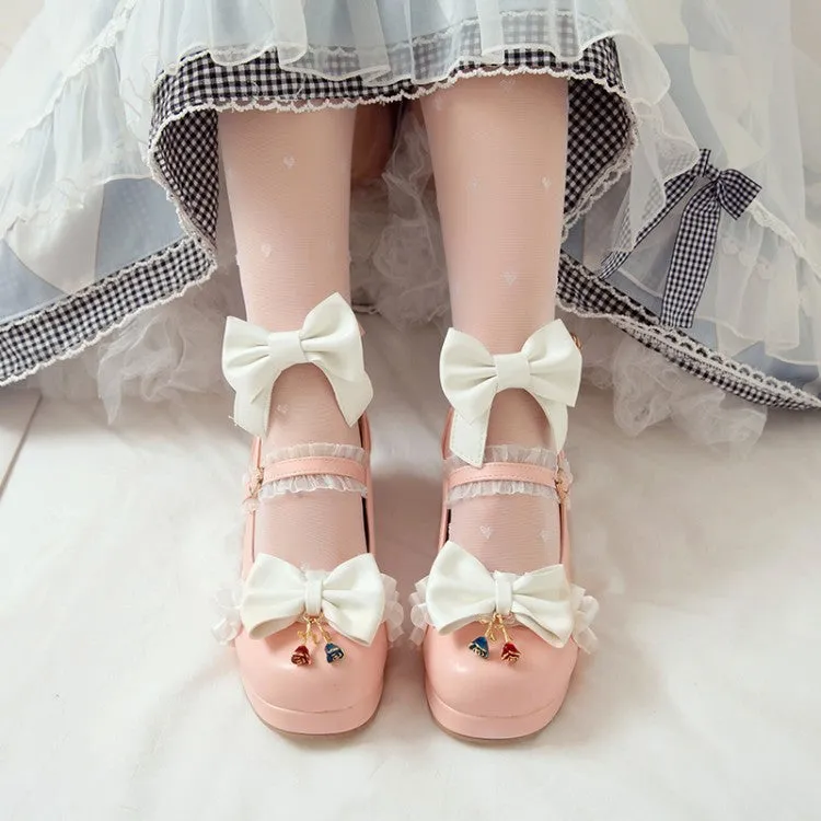 Women Lolita Bow Tie Shallow Ankle Strap Chunky Heel Pumps
