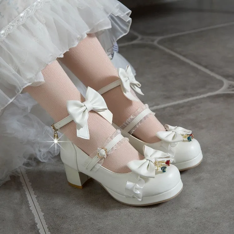 Women Lolita Bow Tie Shallow Ankle Strap Chunky Heel Pumps